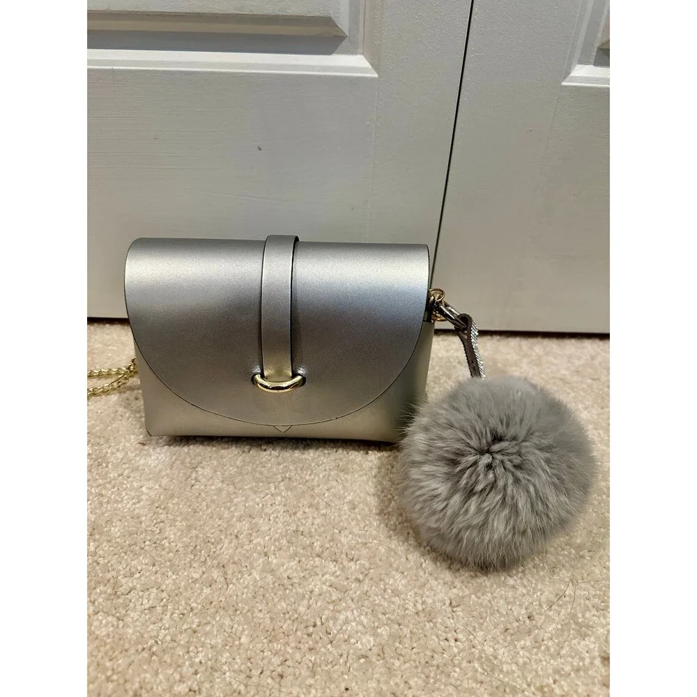 Silver Vintage Genuine Italian Leather Crossbody Bag with Gold Chain  & Pom Pom - Picture 6 of 8